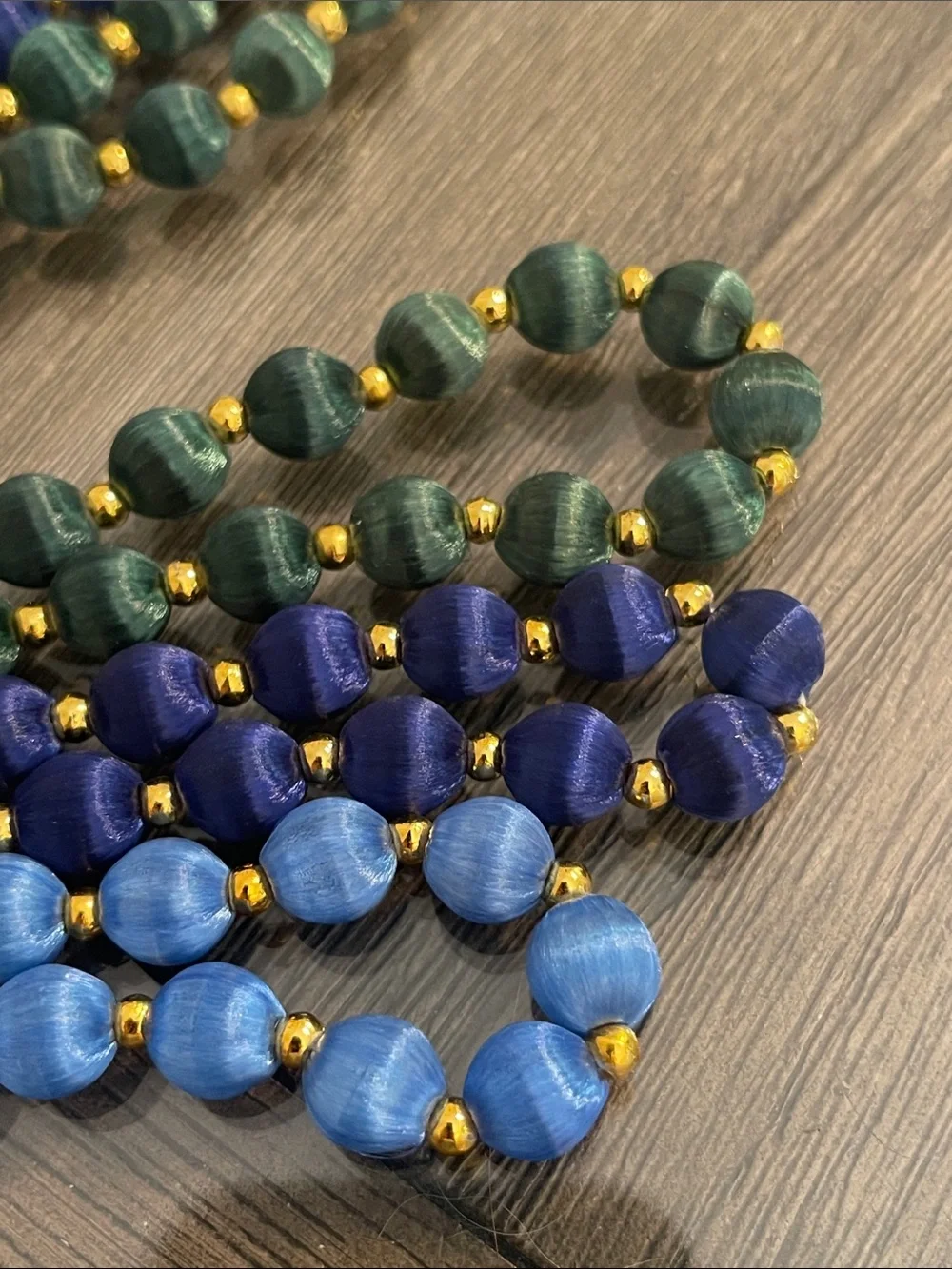 Vintage 3 Necklaces with Spun Silk Satin Beads Gold Tone Spacers 30 In. Approx